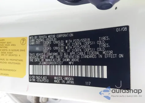 2008 Lexus Rx 400H z USA, uszkodzony, nr VIN JTJGW31UX82007227